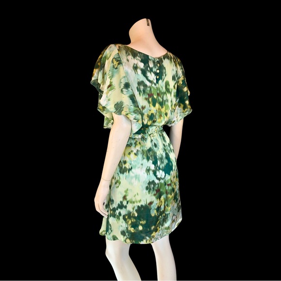H&M Green Abstract WATERCOLOUR Silky Flutter Sleeve Spring Mini Dress 6 - Picture 7 of 8